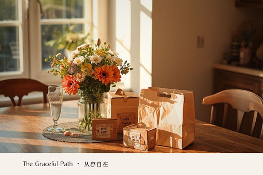 Delivered packages and a bouquet of flowers on a wooden table, quietly reflecting the many people behind everyday conveniences.