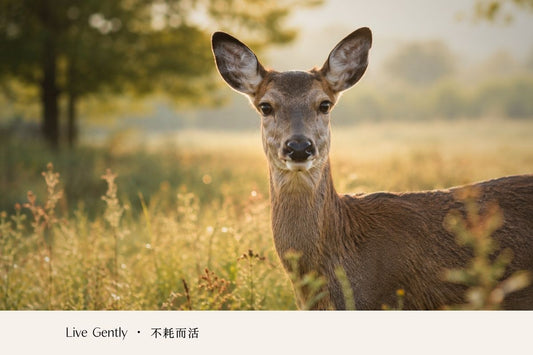 A deer standing quietly in a sunlit meadow, looking toward the viewer.